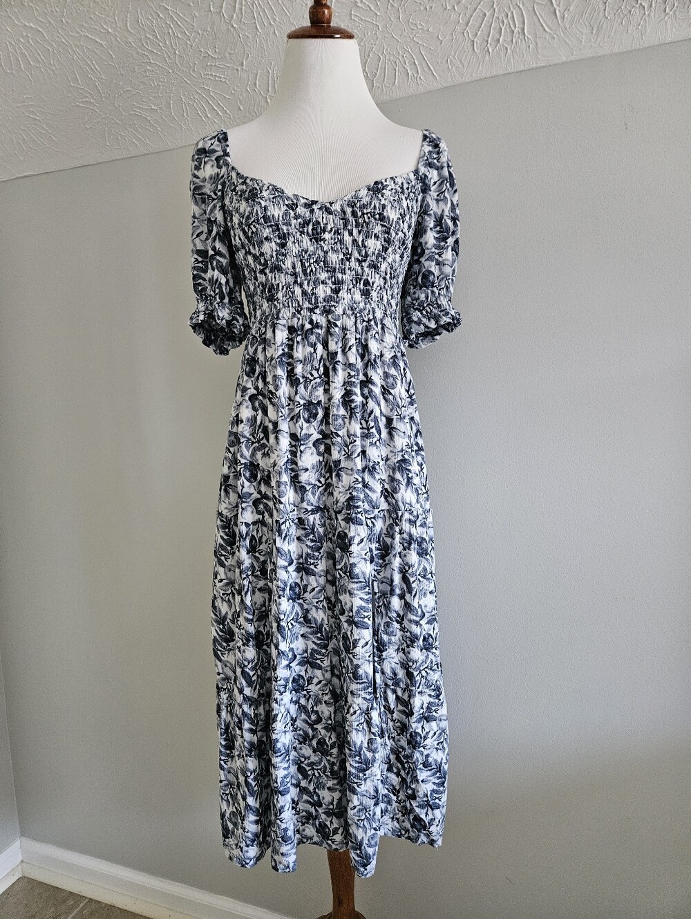 Abercrombie & Fitch | Smocked Floral Midi Dress in Blue and White